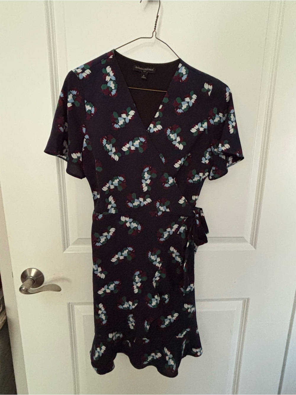 Banana Republic Navy Floral Wrap Midi Dress with Teal & Burgundy Accents